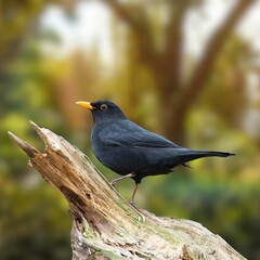Common Blackbird (Turdus merula) Perched on Branch – European Songbird in Natural Habitat

