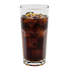 Clear glass, dark brown effervescent cola, 6-8 frosted ice cubes, dense condensation, on transparent studio background with copy space. Ultra photorealistic, high angle, no shadows, high contrast,