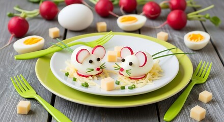 Adorable boiled egg mice playfully arranged on a vibrant green plate with radish ears, cheese nests, and fresh chives; whimsical children's food photography.