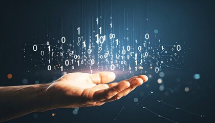 A composition with numerous numbers and data lines pouring like light onto a hand on a dark background