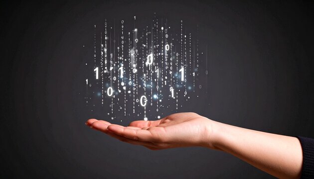 A composition with numerous numbers and data lines pouring like light onto a hand on a dark background - Powered by Adobe