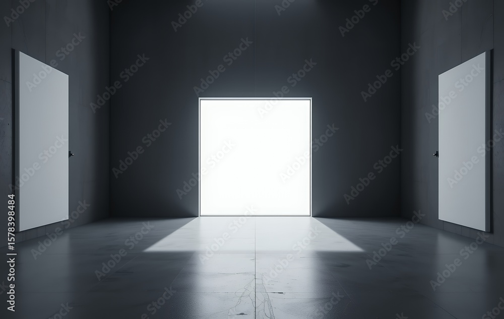Poster minimalist room with bright square light source casting shadows on concrete floor and walls