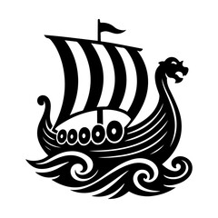 Detailed Viking Longboat Silhouette Vector Traditional Norse Ship Sailing on Stylized Waves