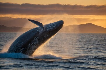 Fototapeta premium Blue Whale Breaches at Golden Pacific Sunset