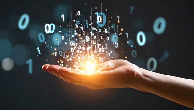 A composition with numerous numbers and data lines pouring like light onto a hand on a dark background - Powered by Adobe