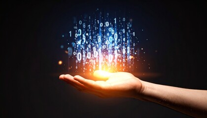 A composition with numerous numbers and data lines pouring like light onto a hand on a dark background