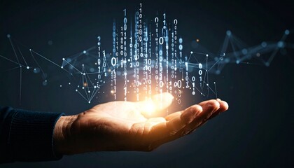 A composition with numerous numbers and data lines pouring like light onto a hand on a dark background