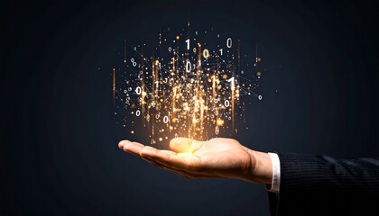 A composition with numerous numbers and data lines pouring like light onto a hand on a dark background