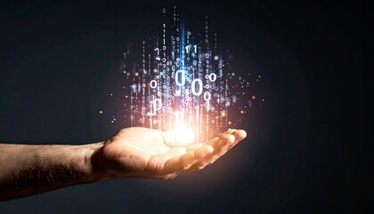 A composition with numerous numbers and data lines pouring like light onto a hand on a dark background