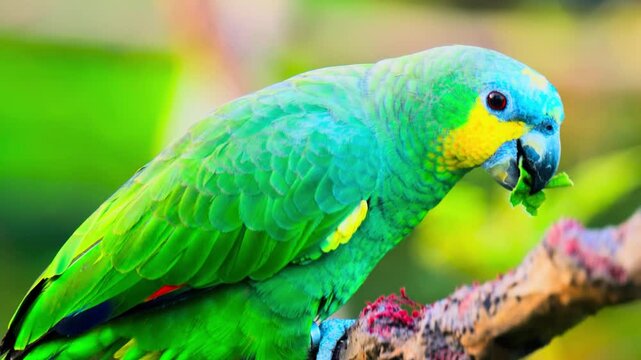 Blue-Fronted Amazon Parrot Feeding on Branch | Colorful Tropical Bird Close-Up
