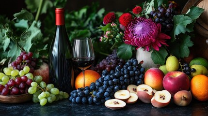 Vibrant arrangement of fruits, flowers, and wine creating a festive and inviting atmosphere.