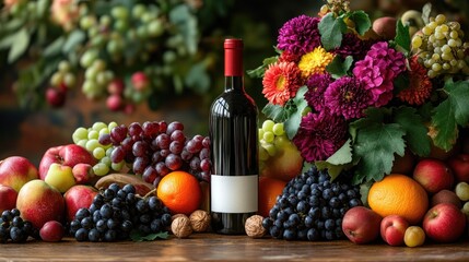 Vibrant arrangement of fruits, flowers, and wine creating a festive and inviting atmosphere.