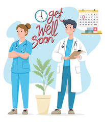 Smiling doctors with get well soon greeting  
