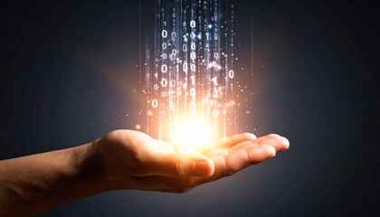 A composition with numerous numbers and data lines pouring like light onto a hand on a dark background