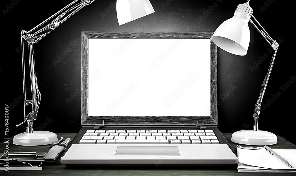 Poster a laptop displayed as an empty frame with adjustable desk lamps