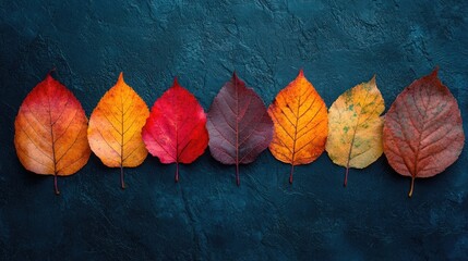 Vibrant autumn leaves arranged neatly on a dark blue textured background, creating a visually stunning contrast.