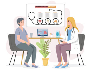 Doctor consulting patient with infographic chart  
