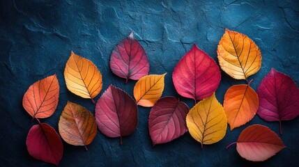 Vibrant autumn leaves arranged neatly on a dark blue textured background, creating a visually stunning contrast.