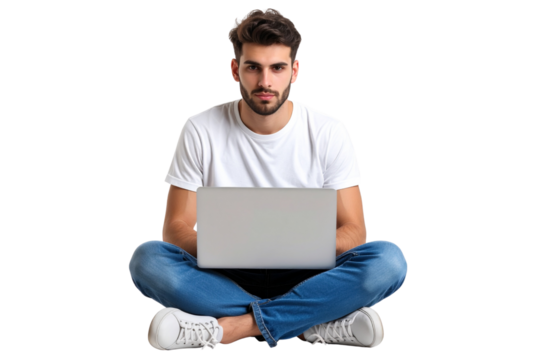 Man Working on Laptop While Sitting Cross-Legged, Isolated on Transparent Background