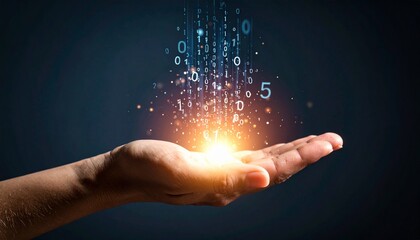 A composition with numerous numbers and data lines pouring like light onto a hand on a dark background