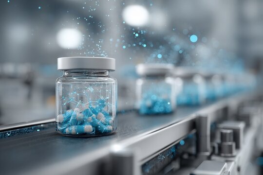 Blockchain-tracked pharmaceuticals moving through serialized packaging line 