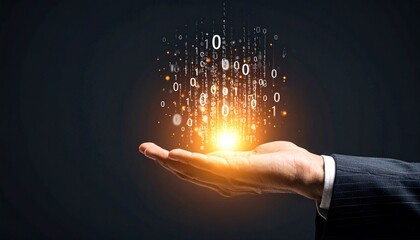 A composition with numerous numbers and data lines pouring like light onto a hand on a dark background