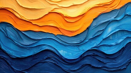 Vibrant Blue and Orange Abstract Landscape with Swirling, Layered Lines, Representing Artistic Expression