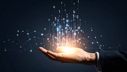 A composition with numerous numbers and data lines pouring like light onto a hand on a dark background
