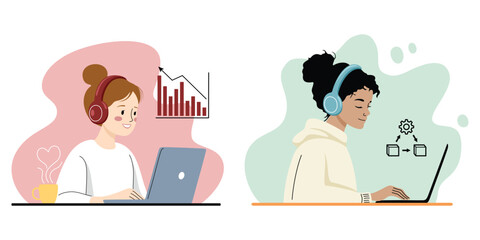 Two women working online with laptops and charts  
