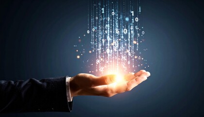 A composition with numerous numbers and data lines pouring like light onto a hand on a dark background