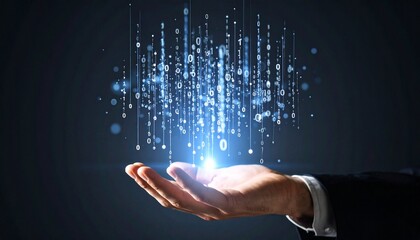 A composition with numerous numbers and data lines pouring like light onto a hand on a dark background