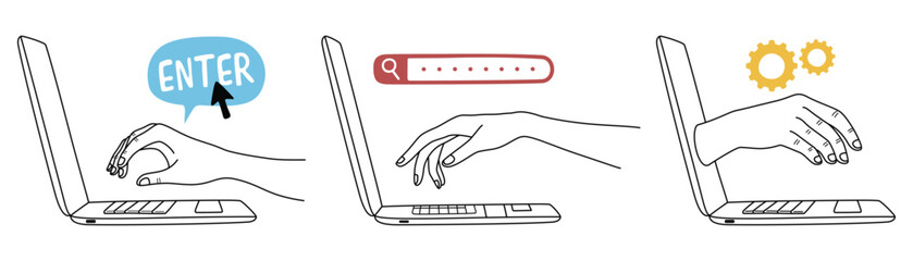 Hand interaction with laptop line illustration  
