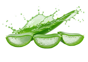 Three vibrant emerald green aloe vera slices, showing translucent gel, pearlescent sheen, and fibrous structures, dynamically mid-splash with liquid, on a transparent studio background with