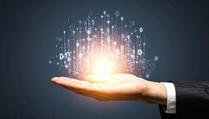A composition with numerous numbers and data lines pouring like light onto a hand on a dark background