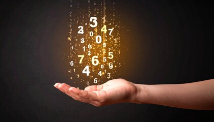 A composition with numerous numbers and data lines pouring like light onto a hand on a dark background