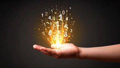 A composition with numerous numbers and data lines pouring like light onto a hand on a dark background
