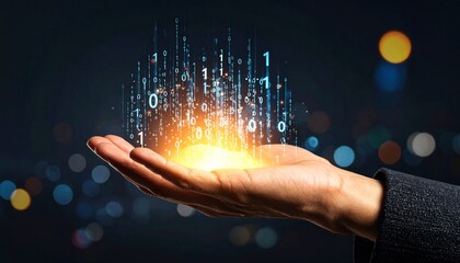 A composition with numerous numbers and data lines pouring like light onto a hand on a dark background