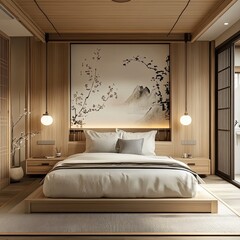 Serene minimalist bedroom with light wood, platform bed, and Asian-inspired artwork