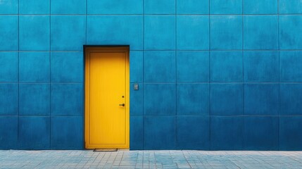 Vibrant blue wall with striking yellow door, showcasing modern architecture and geometric patterns.
