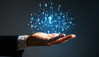 A composition with numerous numbers and data lines pouring like light onto a hand on a dark background