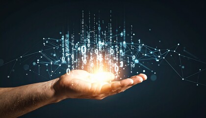 A composition with numerous numbers and data lines pouring like light onto a hand on a dark background