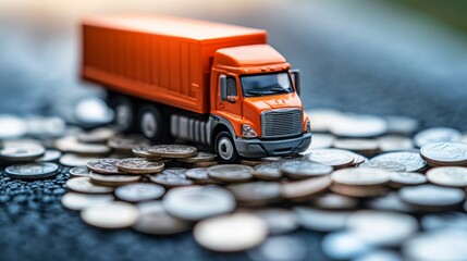 Miniature orange truck model sits atop a pile of coins, representing shipping costs or logistics.