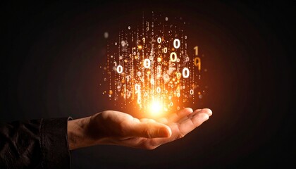 A composition with numerous numbers and data lines pouring like light onto a hand on a dark background
