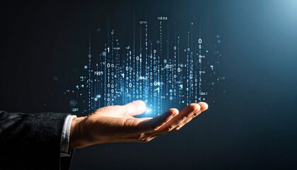 A composition with numerous numbers and data lines pouring like light onto a hand on a dark background