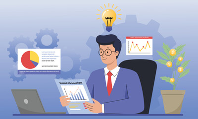 Businessman with lightbulb analyzing data with financial charts  
