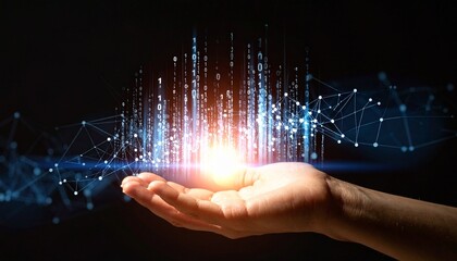 A composition with numerous numbers and data lines pouring like light onto a hand on a dark background