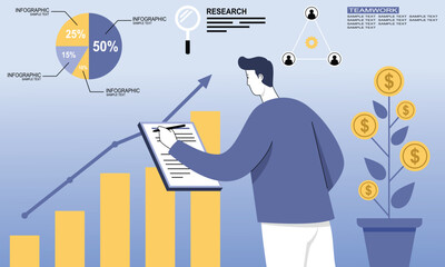 Man writing business research and statistics  
