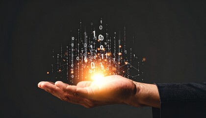 A composition with numerous numbers and data lines pouring like light onto a hand on a dark background