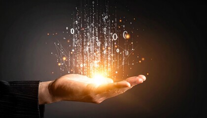 A composition with numerous numbers and data lines pouring like light onto a hand on a dark background