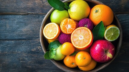 Vibrant bowl of assorted fruits including apples, oranges, and limes on rustic wooden surface.
